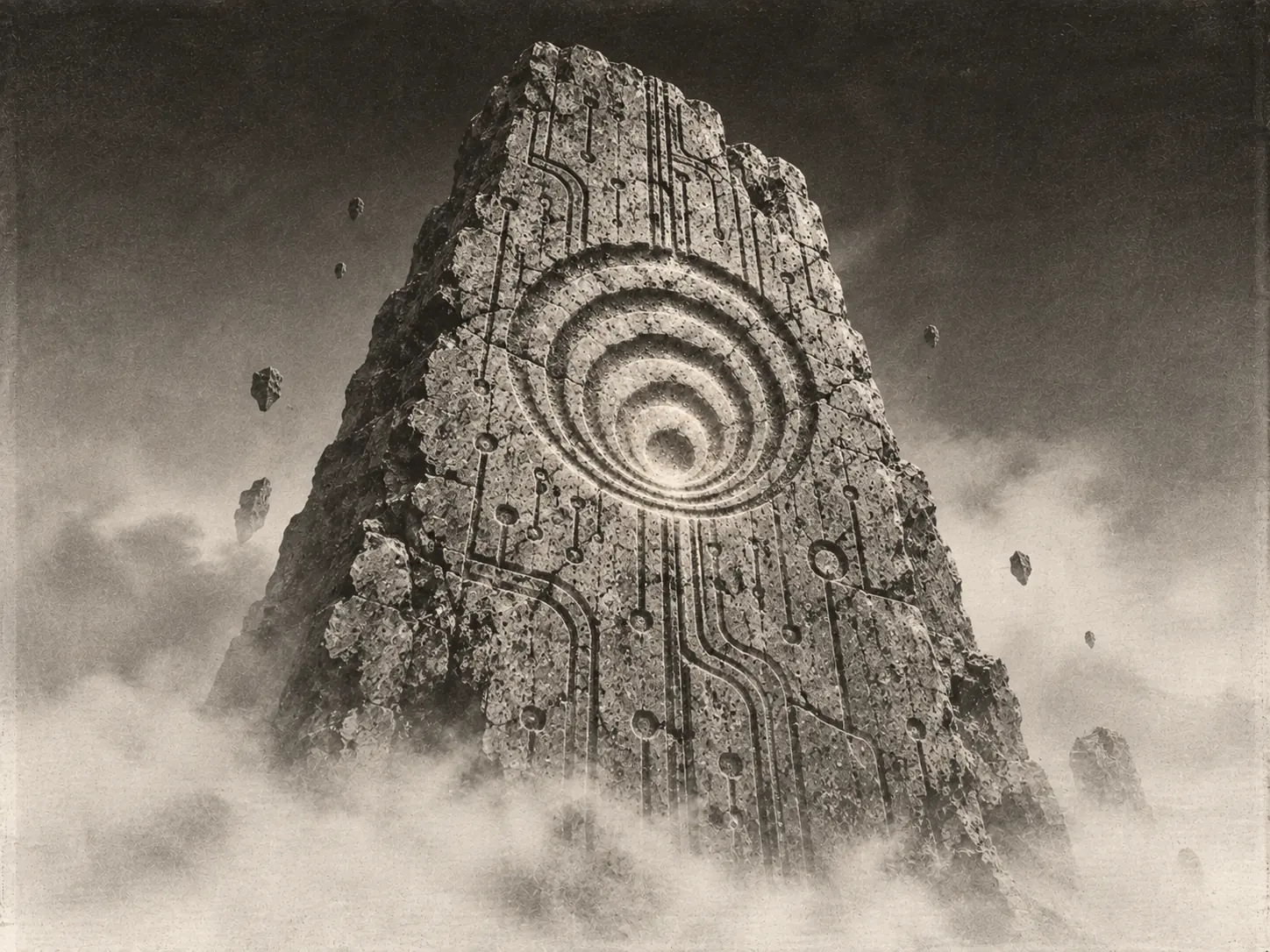 a carved monolith rising out of the mist, its rings and channels cut into the rock